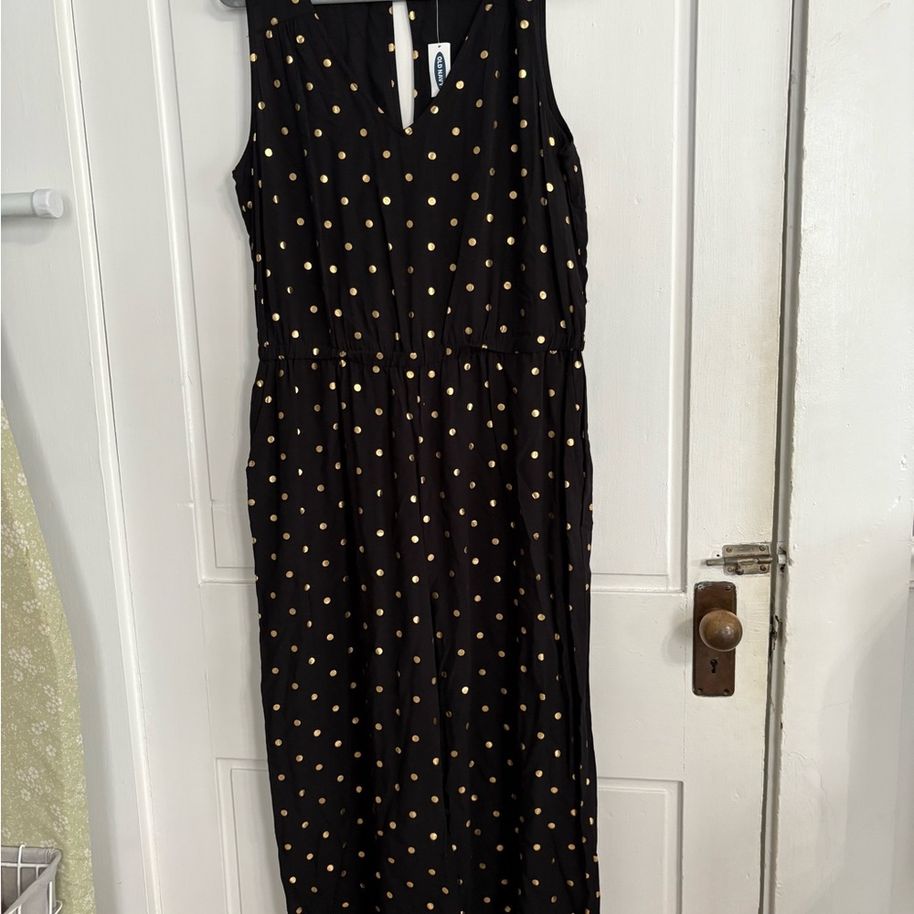 NWT Old Navy Black Jumpsuit with gold polka dots
